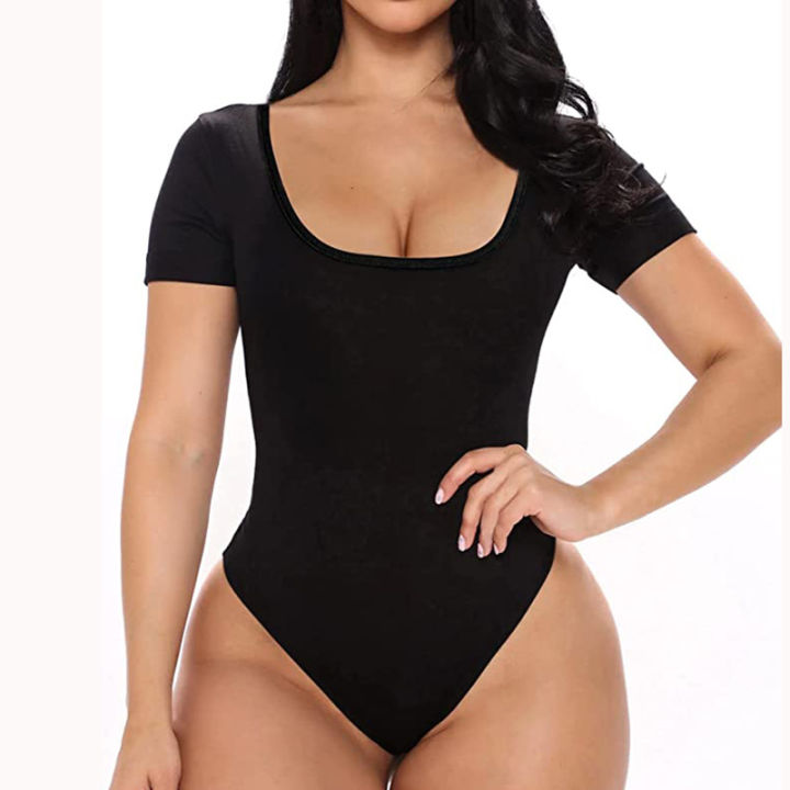 Seamless Long Sleeve Bodysuit for Women Tummy Control Shapewear Scoop Neck  Thong Jumpsuit Tops