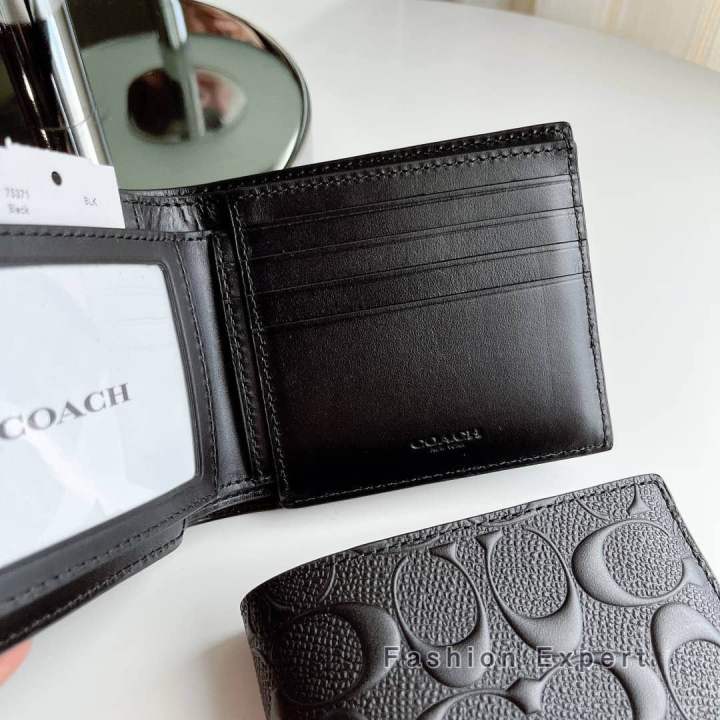 ของแท้100-กระเป๋าสตางค์ชาย-compact-id-wallet-in-signature-crossgrain-leather-coach-f75371