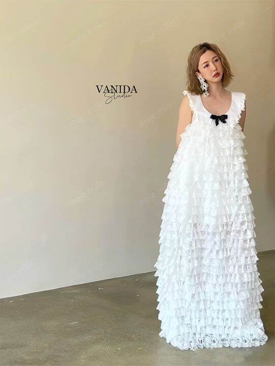 แม็กซี่เดรสผ้าลูกไม้ระบสยเป็นชั้นๆงานสวยหรูป้ายvanida