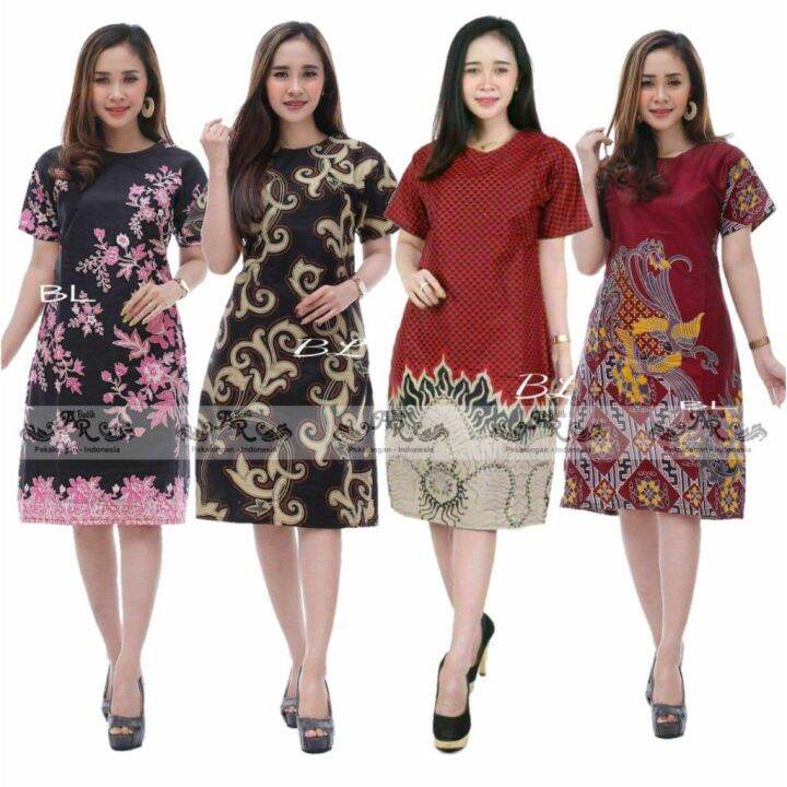 Baju Dress Wanita Modern Model Terbaru Motif Batik Lengan Pendek