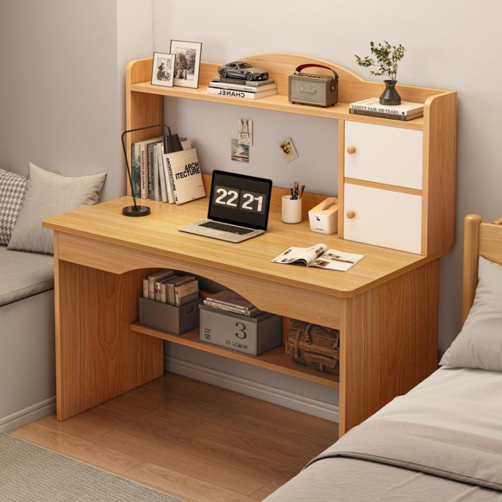 Wood Computer Desk Table with Bookshelf Integrated Desktop Home Study