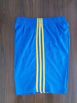 กางเกงกีฬาขาสั้นกางเกงฟุตบอลเนื้อผ้านิ่มแห้งเร็วใส่สบายสีน้ำเงินสามเส้นเหลืองไซร้XLไซร้เดียว