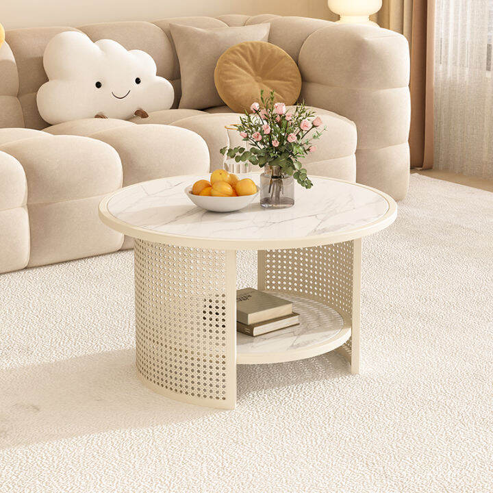 Accessible Luxury Stone Plate Cream Glass Rattan round Tea Table Living