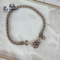 Kr silver | สร้อยข้อมือเงินแท้ ลายดอกโปร่งงานรมดำ ห้อยจี้ถุงเงินนะโม ขนาดเส้น 4 มิล ยาว 6 นิ้ว 6.5 นิ้ว 7 นิ้ว 7.5 นิ้้ว 8 นิ้ว