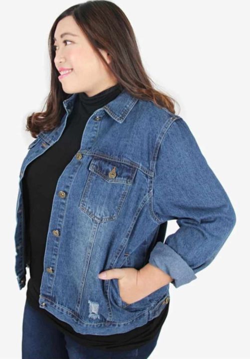 Ripped denim jacket long sleeve oversize loose rip jeans collar mid thigh  blue button plus size large size outerwear | Shopee Malaysia