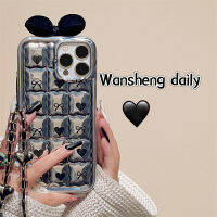 Play Sheng เคสโทรศัพท์มือถือมีโซ่ติดโบว์รูปหัวใจสีดำลายสก๊อตชุบด้วยไฟฟ้าสำหรับ iphone13promax iPhone 13เคสนิ่มซิลิโคนหุ้มทั้งเครื่องกันกระแทกไอเดียสร้างสรรค์แบบใหม่สำหรับผู้หญิง14Pro 12สเตอริโอ14PM