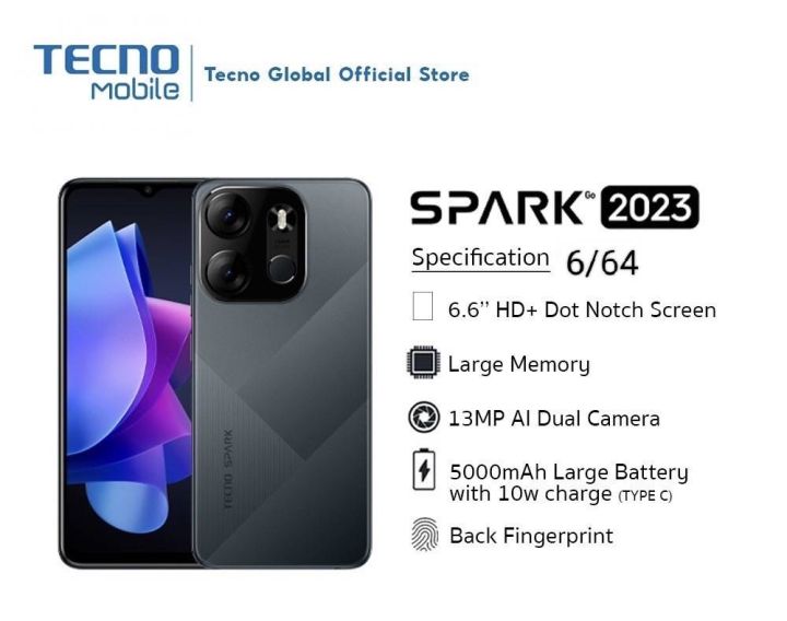tecno-spark-go-2023-สมาร์ทโฟนหน้าจอ-6-6นิ้ว-3-64-4-64-กล้องai-13ล้านพิกเซล-แบตเตอรี่-5-000mah-เครื่องใหม่-มือ1-ประกันศูนย์-1ปี