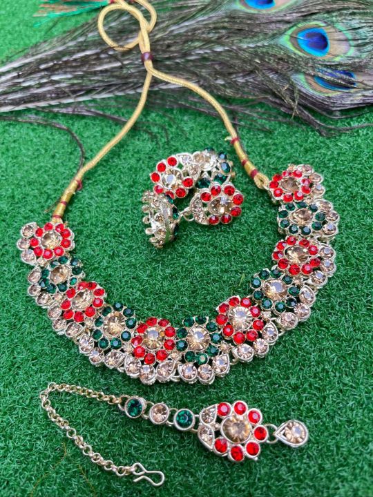 ชุดสร้อยคอต่างหูและหน้าผาก-งานนิ่ม-มี7สี-ขนาด14cm-2-5-indian-necklace-set