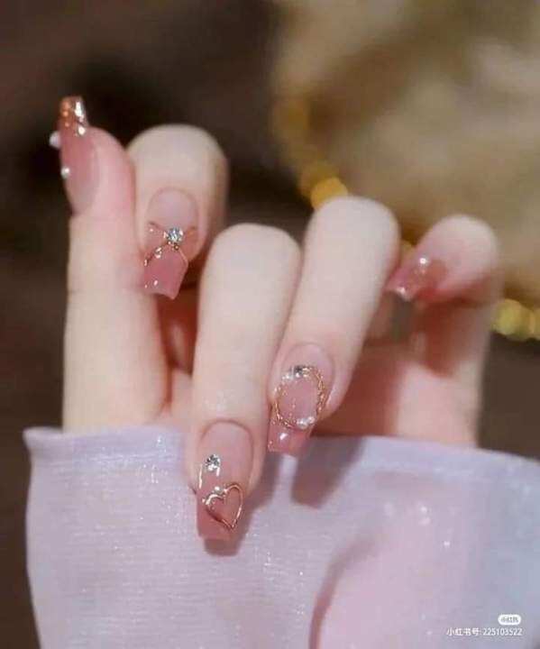 Móng tay giả nail box màu hồng thạch đính đá siêu sang ( Tặng ...
