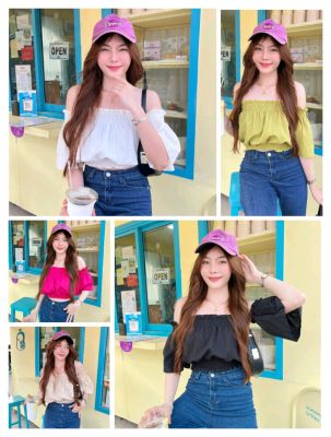 พร้อมส่ง เสื้อครอป สม็อคปาดไหล่ อก 28-33 นิ้ว เสื้อเปิดไหล่ สีพื้น ลายริ้ว ใส่สบาย ทะเล