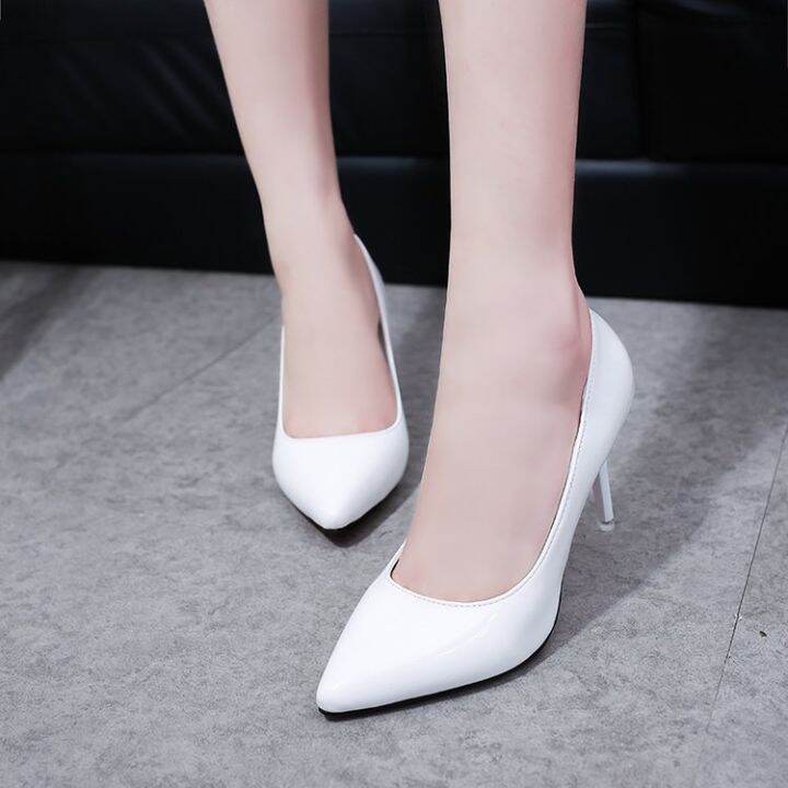 White 9cm Bright Mid Heel 5cm High Heels Women's Flats Work
