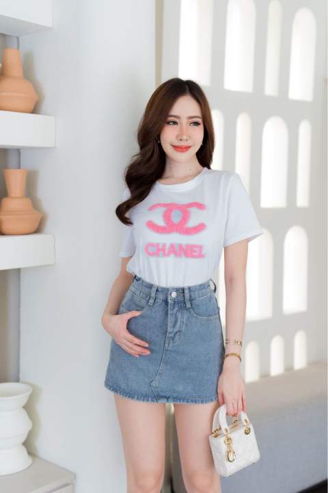 chanel-เสื้อยืดคอกลมแขนสั้นใช้ผ้ายืดเด้งพรีเมี่ยม