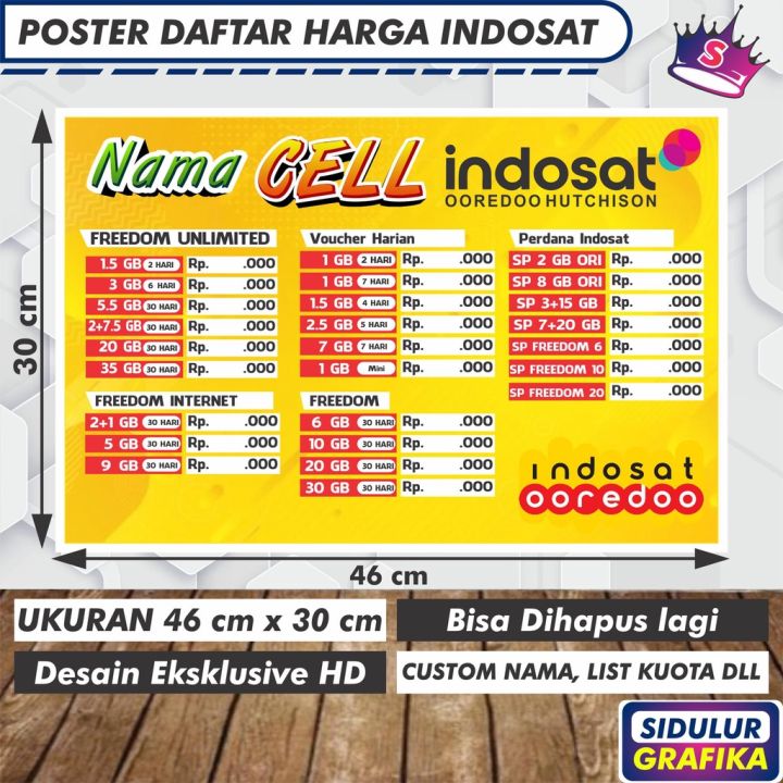 Poster Daftar Harga Konter Pulsa A3 Indosat Bisa Custom Lazada