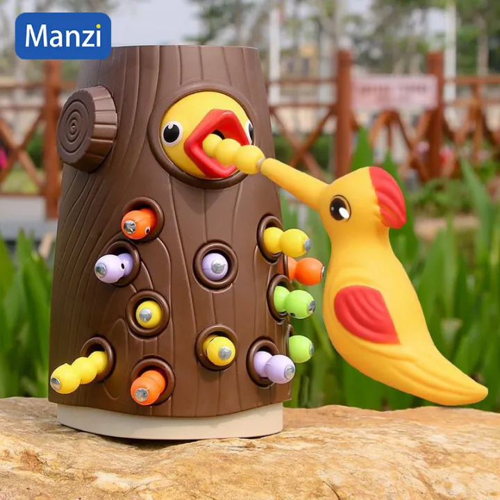 Montessori Toddler Toy Woodpecker Catching Worms and Feeding