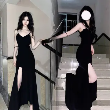 women's slimming dress for girls temperament long black korean dresses  tight waist split French Hepburn slimming dress gown - AliExpress