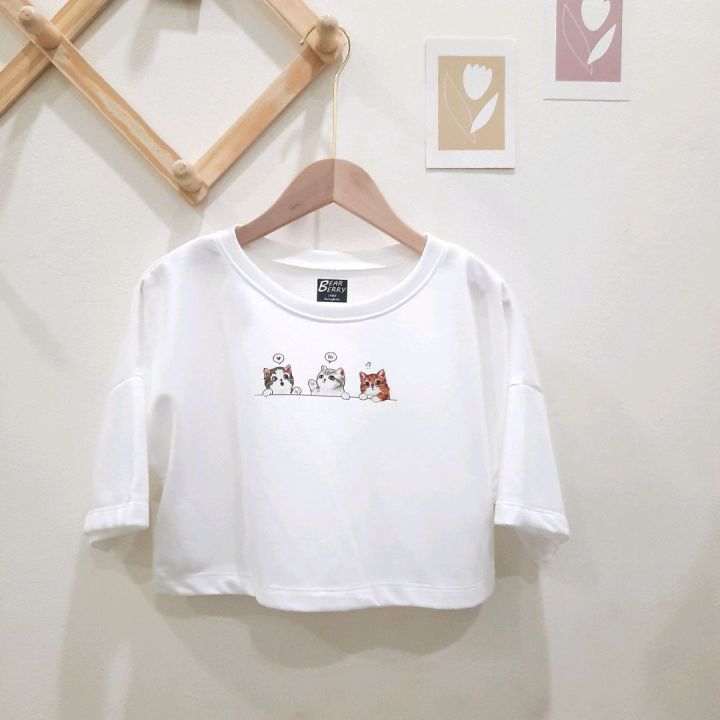 พร้อมส่ง-เสื้อครอปลายน้อนแมวน่ารัก-ผ้า-cotton-นุ่มใส่สบาย-เน้นขายหมด