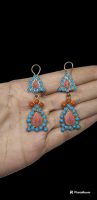 ต่างหู หินเทอร์ควอยส์ และ หินปะการัง แฮนเมด Afghan Turquoise &amp; Coral Earrings Dangle Jewelry Gemstone Handmade