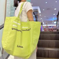 Korean letters printed canvas tote bag กระเป๋าผ้าใบความจุขนาดใหญ่ ตัวอักษร สไตล์เกาหลี แบบพกพาสะพายไหล่ พร้อมส่ง