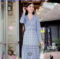 GANNIE​SHOP​ Dress​ เดรส เดรสแขนยาว​ เดรสยาว​ เดรสสีฟ้า​ เดรสพิมส์ลาย​ ชุดออกงาน​ ชุดใส่ไปเที่ยวทะเล​ เรียบหรู