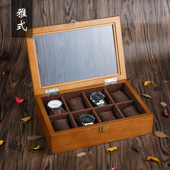 Elegant Retro Wooden Glass Skylight Watch Box EightGrid Watch Display