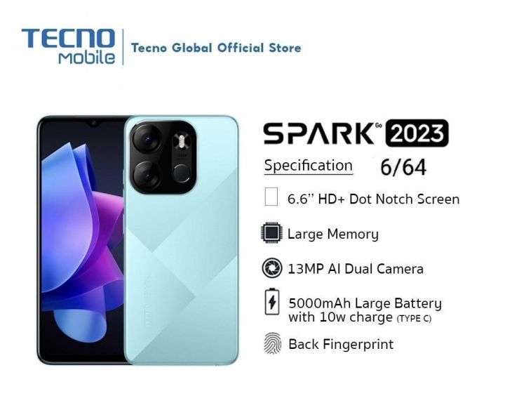 tecno-spark-go-2023-สมาร์ทโฟนหน้าจอ-6-6นิ้ว-3-64-4-64-กล้องai-13ล้านพิกเซล-แบตเตอรี่-5-000mah-เครื่องใหม่-มือ1-ประกันศูนย์-1ปี