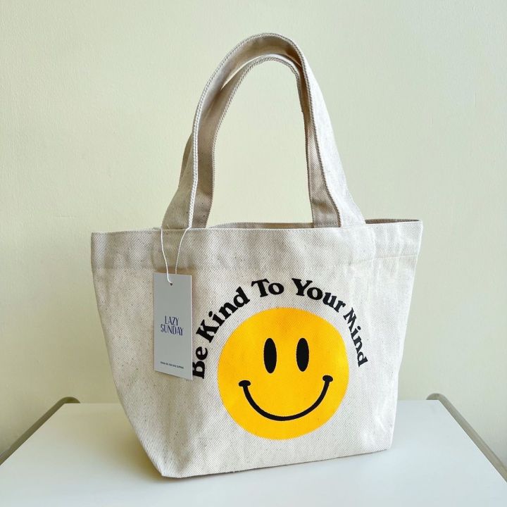 justbehappy-totebag-mini-size-กระเป๋าผ้ามินิไซซ์-ลายสกรีนฟอนต์-ยิ้ม