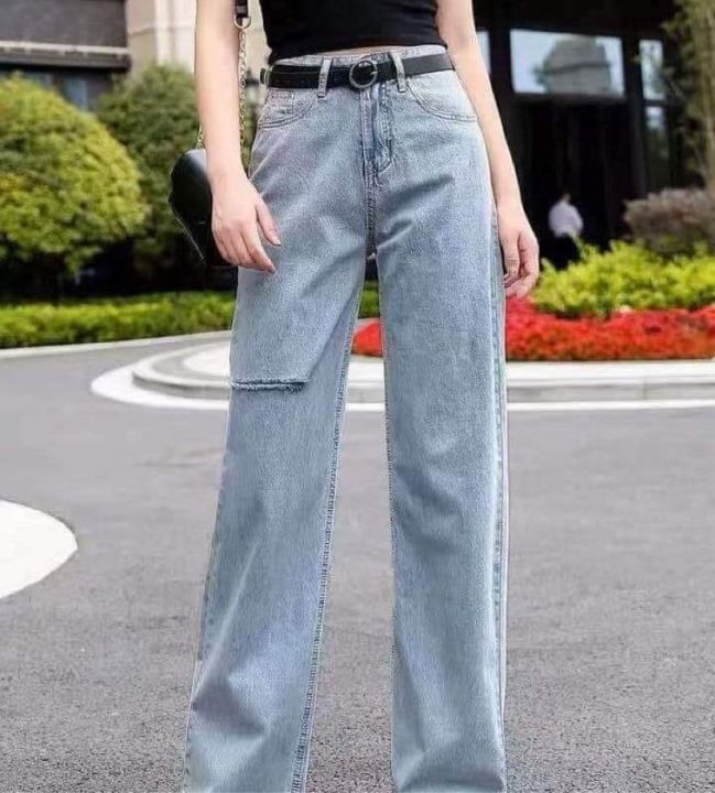 กางเกงยีนส์-เอวสูง-ขากระบอกแต่งขาดๆ-สไตล์เกาหลี-กางเกงยีนส์ขายาว-สวยๆเก๋ๆ