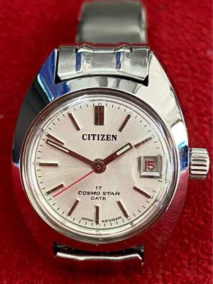 CITIZEN COSMO STAR DATE 17 JEWELS ระบบไขลาน ตัวเรือนสแตนเลส นาฬิกาผู้หญิง มือสองของแท้