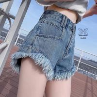 ? NEW JEANS DENIM KOREA STYLE กางเกงยีนส์ขาสั้นสีสโนว์ฟอกเอวสูงปลายขาแต่งรุ่ย มีไซล์ใหญ่สำหรับสาวอวบ