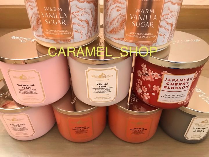 เทียนหอมbath-and-body-works-แท้-3-wick-candle-กลิ่น-warmvanillasugar-champagnetoast-vanillabean-japanesecherryblossom-pumpkinvanillacreme-cinnamonspicedvanilla-bath-amp-body-works-แท้-พร้อมส่ง