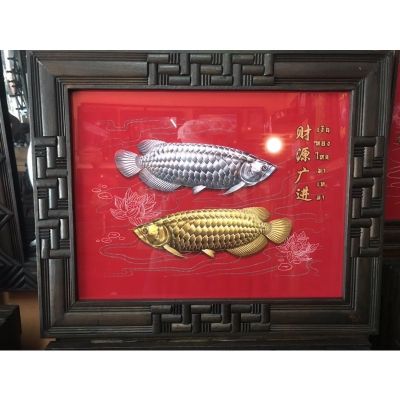 กรอบรูปมงคล ปลาเงินปลาทอง ไม้สักแท้  Wooden photo frame ขนาด  57  ซม  x 70  ซม  x 4  ซม