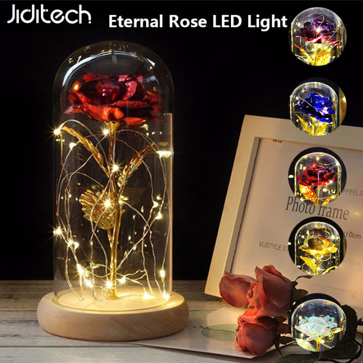 Jiditech Eternal Rose Light With Led Light In Glass Dome On Wooden ...