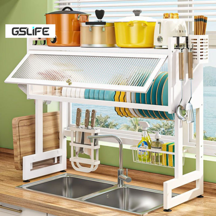 Sink Storage Shelf Kitchen Dish Draining Rack with Cabinet Door Storage  Dish Rack Adjustable Dustproof Dish