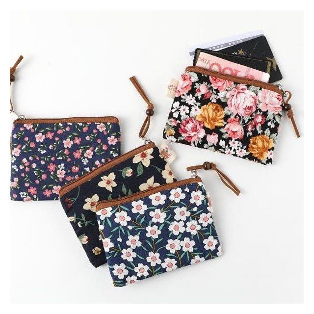 Mini Canvas Coin Purse Rose Floral Design Women Wallet Coin Bag Pouch Holder Small Cute Storage Bag for Keys Lipstick Pocket-Blue 