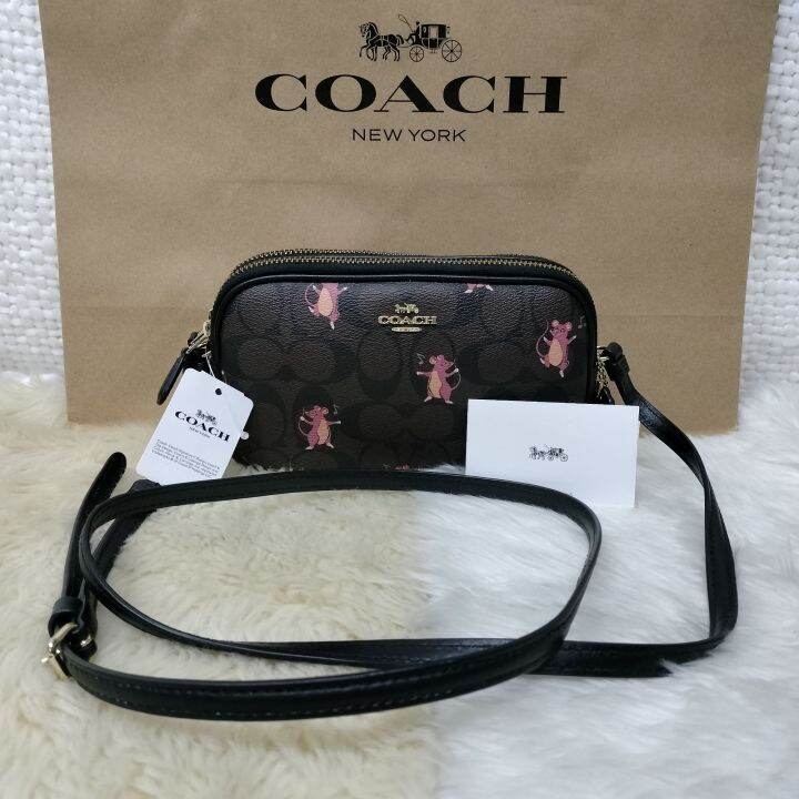COACH CROSSBODY POUCH IN SIGNATURE CANVAS WITH PARTY BROWN PINK MULTI