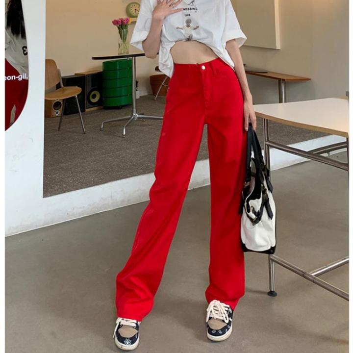 Red High Waist Jeans for Women New Style Korean Straight Leg Pants