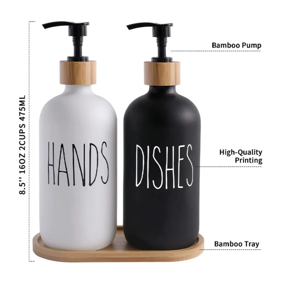 White Set - Dish Soap Dispenser for Kitchen Bamboo Pump and Soap Tray - Kitchen  Soap Dispenser Set, Dish Soap, Hand Soap Dispenser Bathroom, Soap and Lotion  Dispenser Set Label (500ml/17oz)