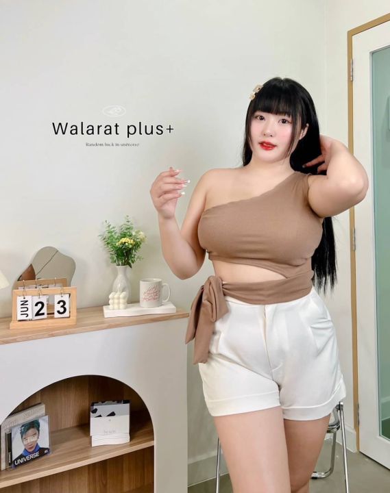 เสื้อกล้าม-ไหล่เดียว-แต่งโบว์ตรงเอว-น่ารักปนเซ็กซี่-เสื้อผ้าสาวอวบอ้วน-พลัสไซส์-ไซส์ใหญ่
