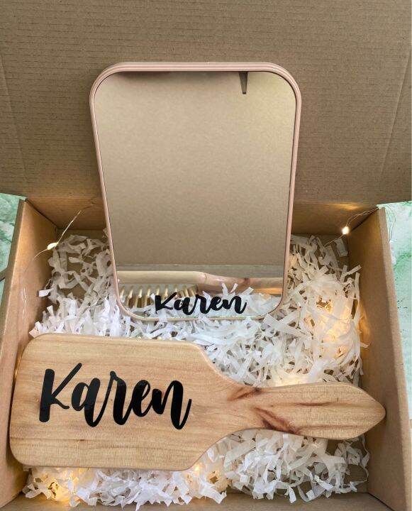 Personalized Gift Set Ideas Wooden Hair Brush with Mirror Gift Set