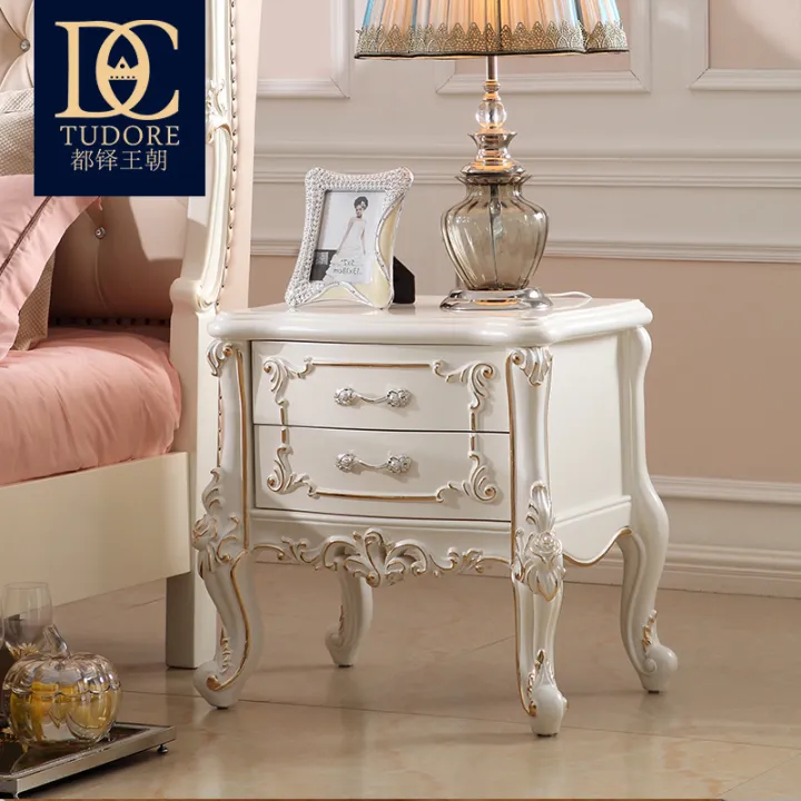 Tudor Dynasty EuropeanStyle Wood Carved Bedside Table Luxury French