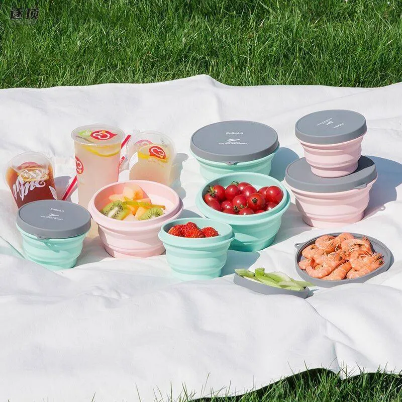 Silicone Folding Lunch Box with Lid Portable Picnic Camping Bowl