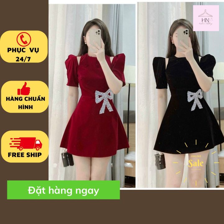 Đầm chính hãng Banamo Fashion váy nhung tiểu thư tay bồng khoét vai 559   Lazadavn