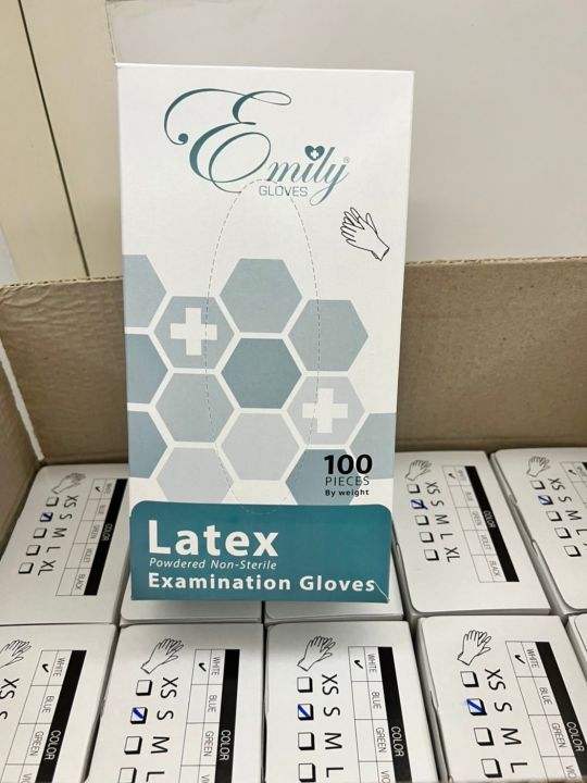 ถุงมือ-ลาเท็กซ์-latex-powdered-มีแป้ง-emily-gloves-เหนียว-ทนทาน-เกรดการแพทย์กล่องละ-50-คู่