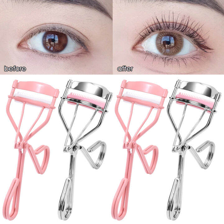 Pink Eyelash Curler with Comb Handheld Long Lasting Metal Eyelash