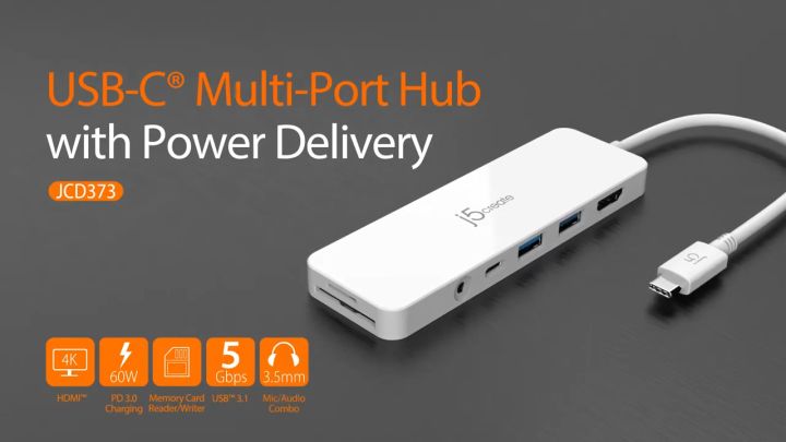 j5create USB-C Multi-Port Hub with Power Delivery White JCD373