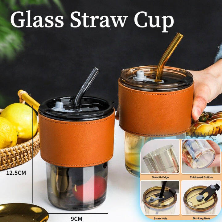 Portable Cover Coffee Cup Straw Cup Creative Office Glass Straw Cup