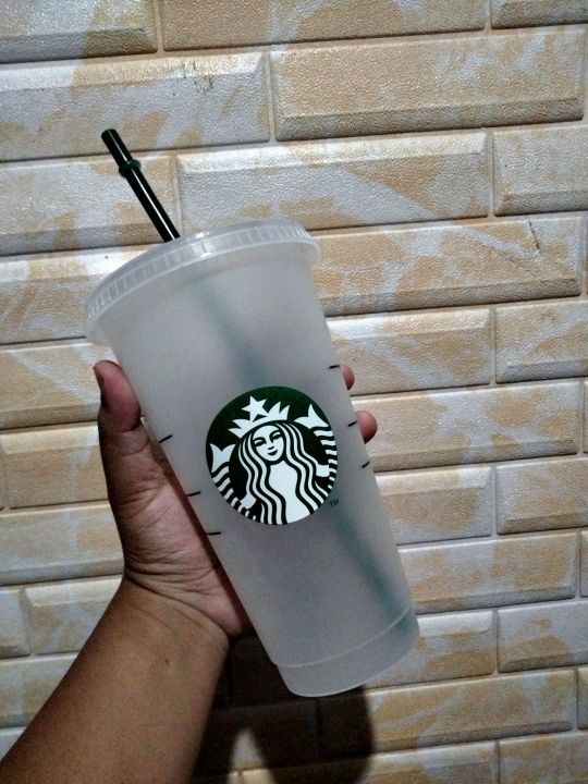 Starbucks Cold Reusable 24 oz Clear-Frosted Hard Plastic Tumbler Cup with  Straw.