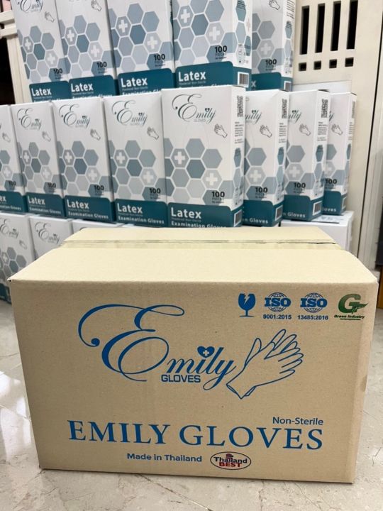 ถุงมือ-ลาเท็กซ์-latex-powdered-มีแป้ง-emily-gloves-เหนียว-ทนทาน-เกรดการแพทย์กล่องละ-50-คู่