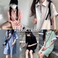 look.classy | ส่งทันที! Macaron Zip Oversize shirt dress เดรสเชิ้ต คอปกโปโล แต่งดีเทลซิป สไตล์เกาหลี