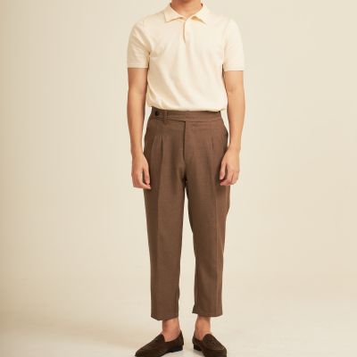 HARBER.BKK - Kene Slack pants in Brown color (UNISEX PANTS)กางเกงสแล็คขายาว มีดีเทลขอบยื่น สีน้ำตาล